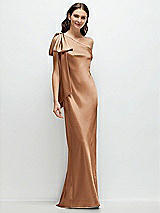 Front View Thumbnail - Toffee One-Shoulder Bias-Cut Satin Maxi Dress with Cascading Shoulder Bow