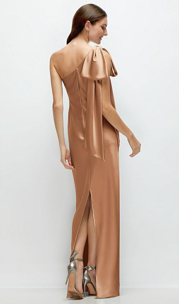 Back View - Toffee One-Shoulder Bias-Cut Satin Maxi Dress with Cascading Shoulder Bow