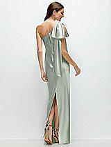 Rear View Thumbnail - Willow Green One-Shoulder Bias-Cut Satin Maxi Dress with Cascading Shoulder Bow