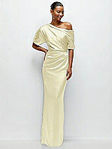 Front View Thumbnail - Butter Yellow Asymmetrical Off-the-Shoulder Pleated Satin Maxi Dress