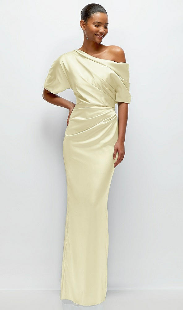 Front View - Butter Yellow Asymmetrical Off-the-Shoulder Pleated Satin Maxi Dress
