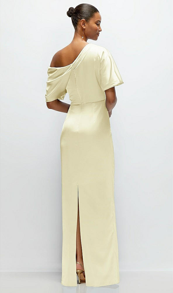 Back View - Butter Yellow Asymmetrical Off-the-Shoulder Pleated Satin Maxi Dress