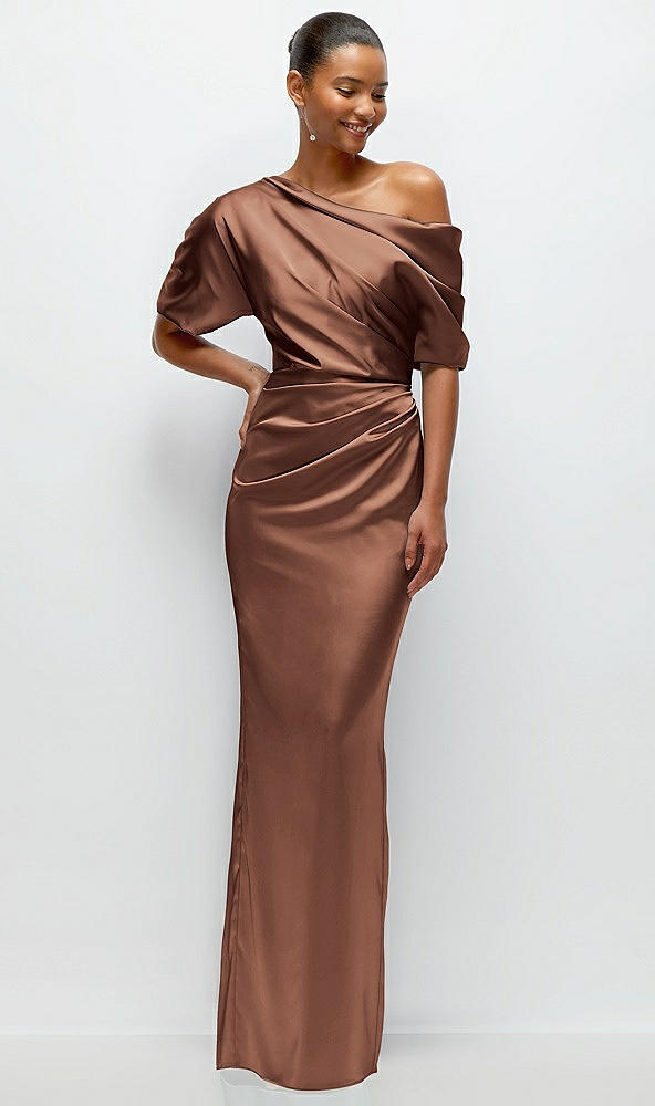 Front View - Cognac Asymmetrical Off-the-Shoulder Pleated Satin Maxi Dress