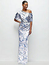 Front View Thumbnail - Magnolia Sky Asymmetrical Off-the-Shoulder Draped Floral Satin Maxi Dress