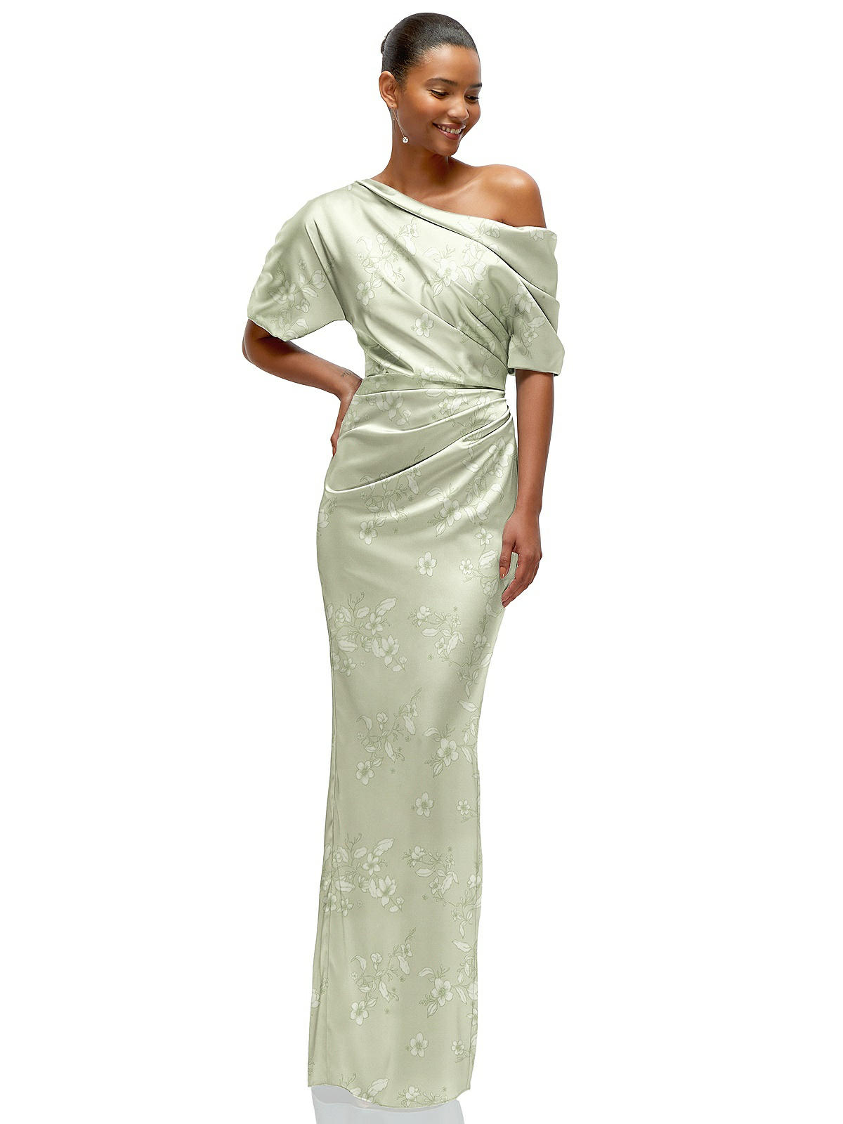 メゾンセロン　off shoulder drape dress Asymmetrical Off-the-shoulder Draped Floral Satin Maxi Bridesmaid