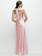 Rear View Thumbnail - Ballet Pink Pleated Halter Bias Satin Maxi Dress with Self-Tie Bow Back