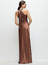 Alt View 1 Thumbnail - Cognac Pleated Halter Bias Satin Maxi Dress with Self-Tie Bow Back