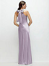 Rear View Thumbnail - Lilac Haze Pleated Halter Bias Satin Maxi Dress with Self-Tie Bow Back