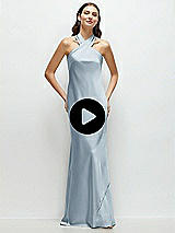 Video 1 Thumbnail - Cobalt Blue Pleated Halter Bias Satin Maxi Dress with Self-Tie Bow Back