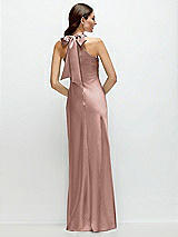 Rear View Thumbnail - Neu Nude Pleated Halter Bias Satin Maxi Dress with Self-Tie Bow Back