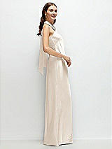 Side View Thumbnail - Oat Pleated Halter Bias Satin Maxi Dress with Self-Tie Bow Back