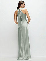 Alt View 1 Thumbnail - Willow Green Pleated Halter Bias Satin Maxi Dress with Self-Tie Bow Back