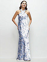Front View Thumbnail - Magnolia Sky Floral Twist Pleated Halter Bias Satin Maxi Dress with Self-Tie Bow Back