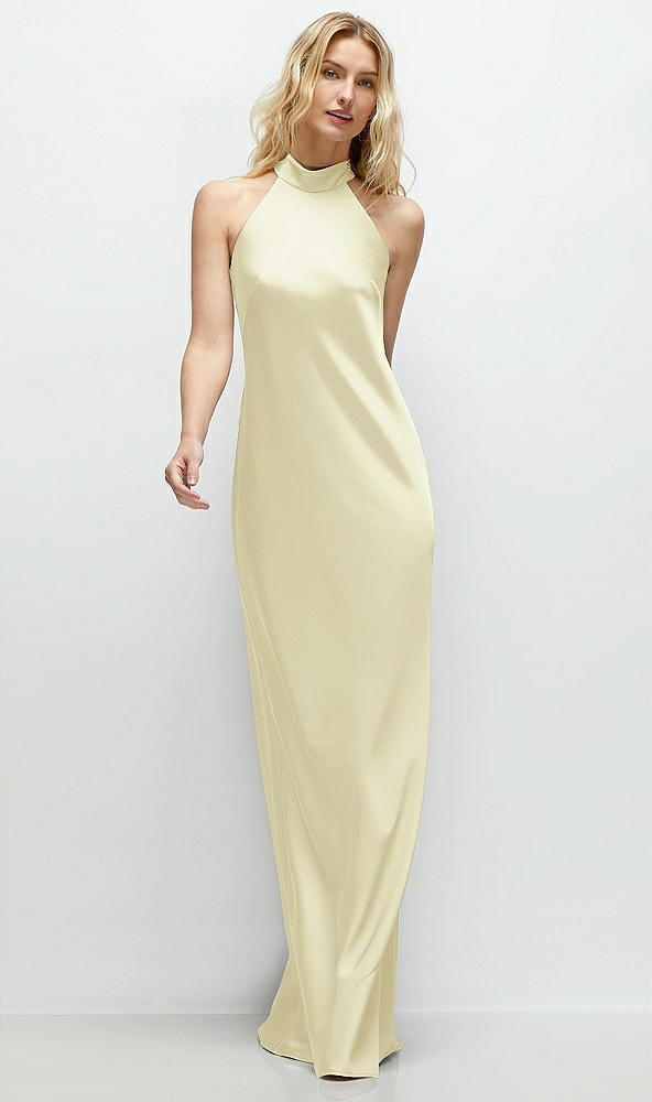 Front View - Butter Yellow Stand Collar Bias Satin Maxi Dress with Self-Tie Bow Back