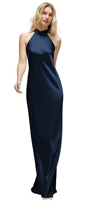 Stand Collar Bias Satin Maxi Dress with Self-Tie Bow Back