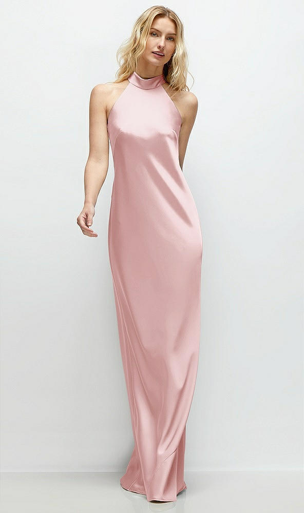 Front View - Ballet Pink Stand Collar Bias Satin Maxi Dress with Self-Tie Bow Back