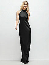 Front View Thumbnail - Black Stand Collar Bias Satin Maxi Dress with Self-Tie Bow Back