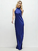 Front View Thumbnail - Cobalt Blue Stand Collar Bias Satin Maxi Dress with Self-Tie Bow Back