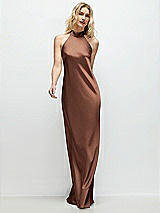 Front View Thumbnail - Cognac Stand Collar Bias Satin Maxi Dress with Self-Tie Bow Back