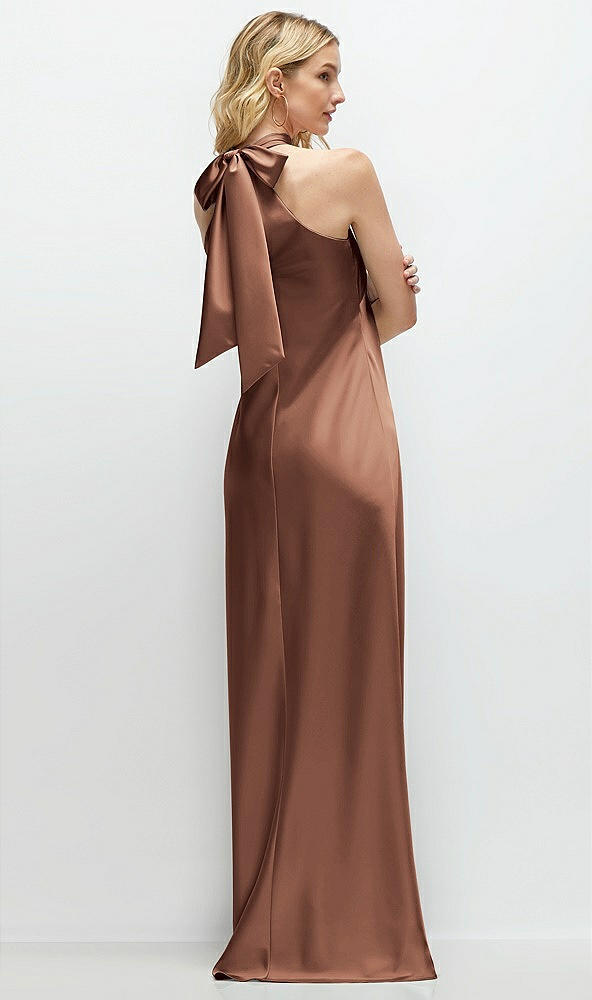 Back View - Cognac Stand Collar Bias Satin Maxi Dress with Self-Tie Bow Back