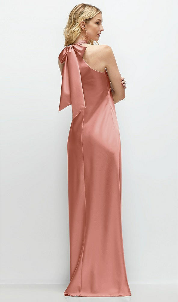Back View - Desert Rose Stand Collar Bias Satin Maxi Dress with Self-Tie Bow Back