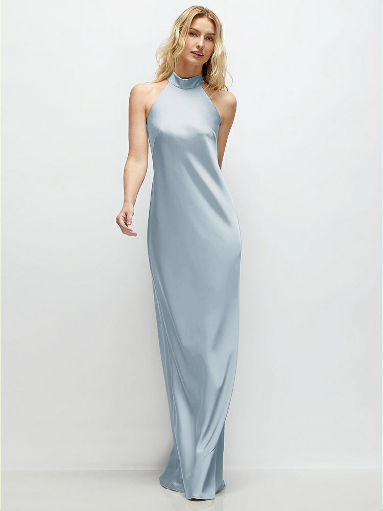 Pleated Halter Bias Satin Maxi Bridesmaid Dress With Self-tie Bow