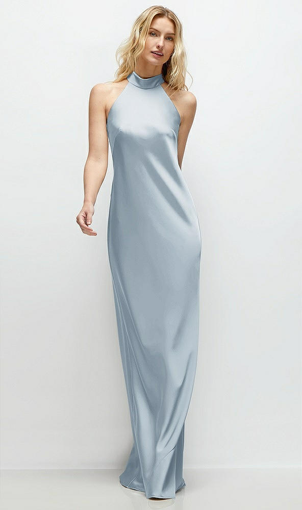 Front View - Mist Stand Collar Bias Satin Maxi Dress with Self-Tie Bow Back
