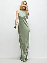 Front View Thumbnail - Sage Stand Collar Bias Satin Maxi Dress with Self-Tie Bow Back