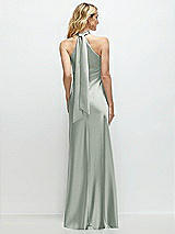 Alt View 1 Thumbnail - Willow Green Stand Collar Bias Satin Maxi Dress with Self-Tie Bow Back