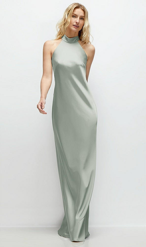Front View - Willow Green Stand Collar Bias Satin Maxi Dress with Self-Tie Bow Back