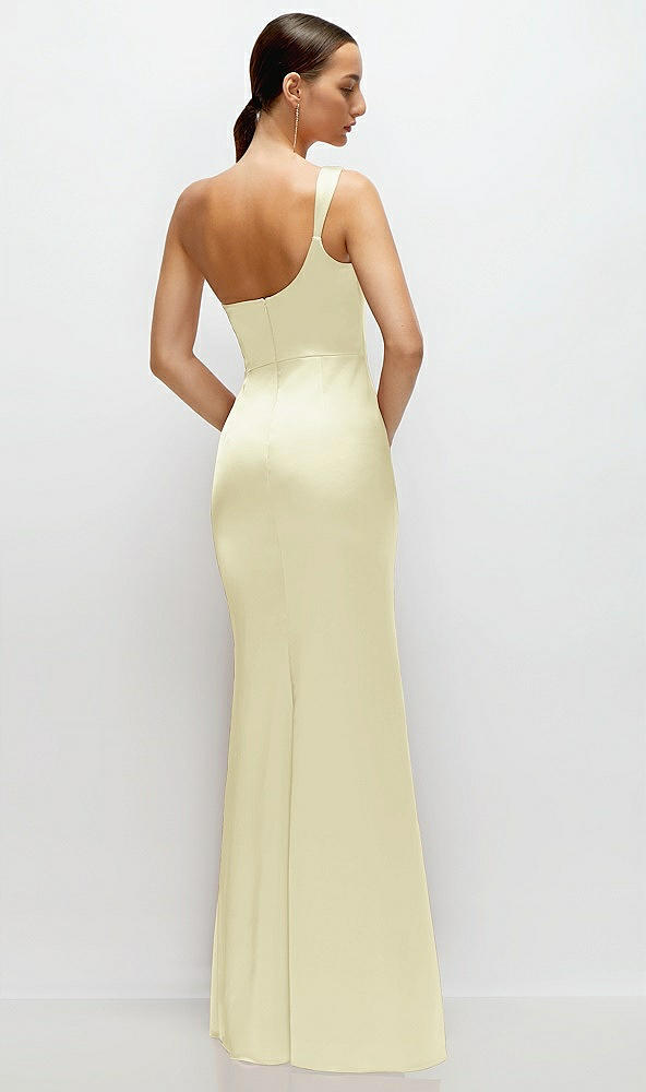 Back View - Butter Yellow One-Shoulder Cat-Eye Neckline Fit and Flare Satin Maxi Dress