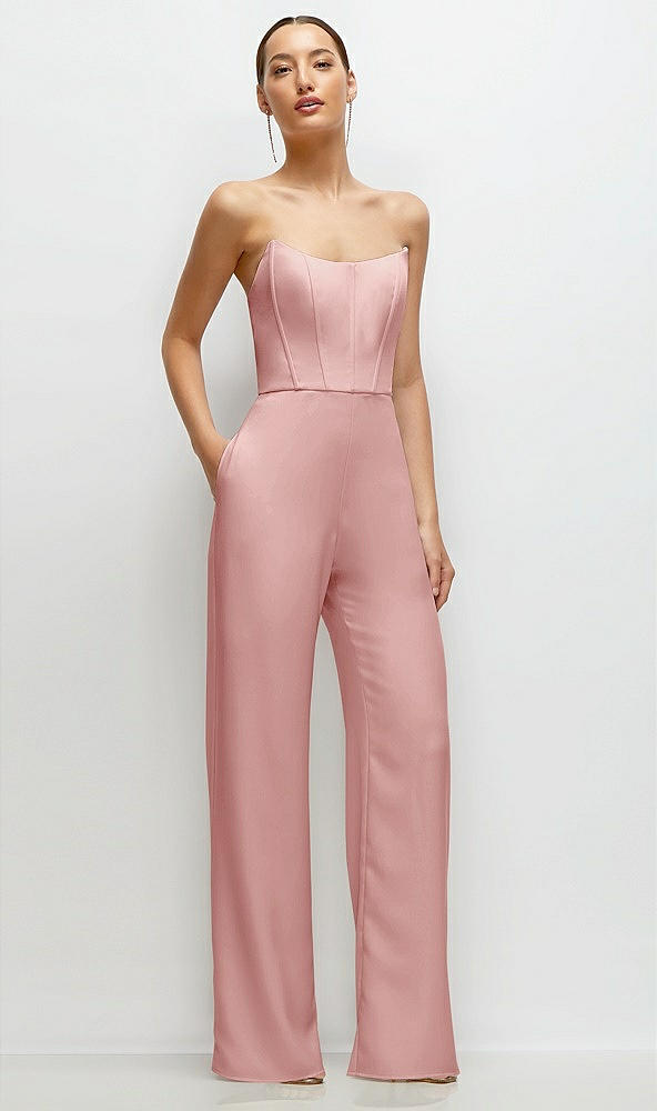 Front View - Rose Strapless Cat-Eye Corset Crepe Wedding Jumpsuit