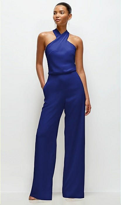 Pleated Halter Blouson Crepe Wedding Jumpsuit With Self-tie Bow