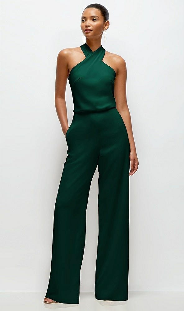 Front View - Hunter Green Pleated Halter Blouson Crepe Wedding Jumpsuit with Self-Tie Bow Back