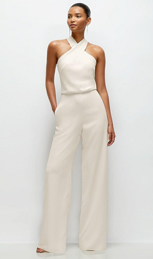 Front View - Ivory Pleated Halter Blouson Crepe Wedding Jumpsuit with Self-Tie Bow Back