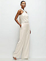 Side View Thumbnail - Ivory Pleated Halter Blouson Crepe Wedding Jumpsuit with Self-Tie Bow Back