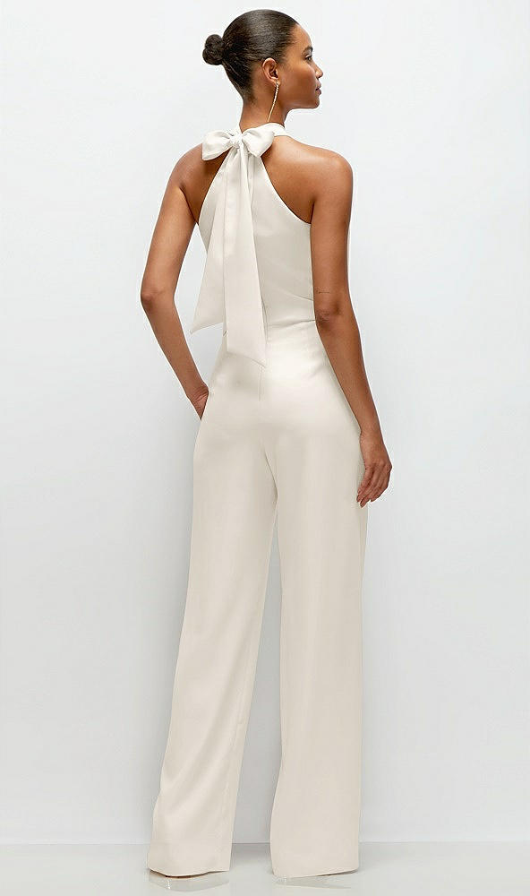 Back View - Ivory Pleated Halter Blouson Crepe Wedding Jumpsuit with Self-Tie Bow Back