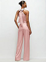 Rear View Thumbnail - Rose Pleated Halter Blouson Crepe Wedding Jumpsuit with Self-Tie Bow Back