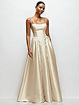 Front View Thumbnail - Champagne Scoop Neck Drop Basque Skirt Satin Maxi Dress with Pockets