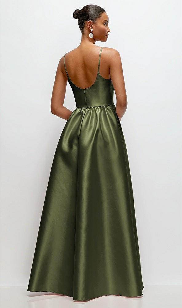 Back View - Olive Green Scoop Neck Drop Basque Skirt Satin Maxi Dress with Pockets