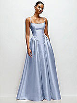 Front View Thumbnail - Sky Blue Scoop Neck Drop Basque Skirt Satin Maxi Dress with Pockets