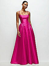 Front View Thumbnail - Think Pink Scoop Neck Drop Basque Skirt Satin Maxi Dress with Pockets