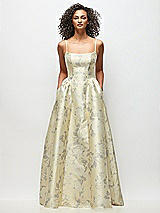 Front View Thumbnail - Butter Yellow Floral Scoop Neck Drop Basque Skirt Floral Satin Maxi Dress with Pockets