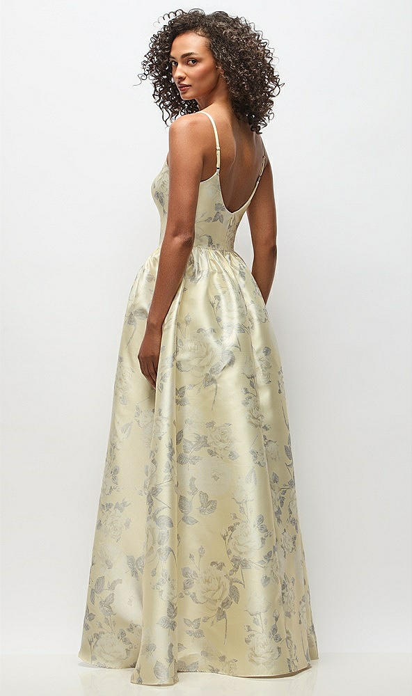 Back View - Butter Yellow Floral Scoop Neck Drop Basque Skirt Floral Satin Maxi Dress with Pockets
