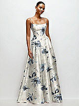 Front View Thumbnail - Inkwash Blue Floral Scoop Neck Drop Basque Skirt Floral Satin Maxi Dress with Pockets