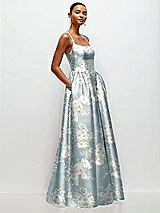 Side View Thumbnail - Porcelain Blue Seraphina Floral Scoop Neck Drop Basque Skirt Floral Satin Maxi Dress with Pockets