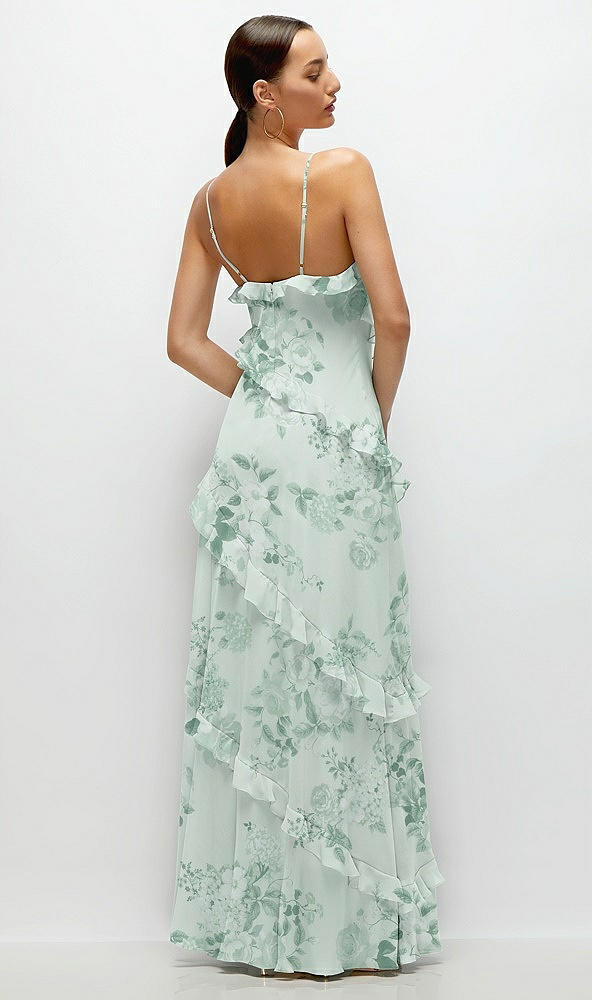 Back View - Mint Green Floral Asymmetrical Ruffle Chiffon Bias Slip Maxi Dress