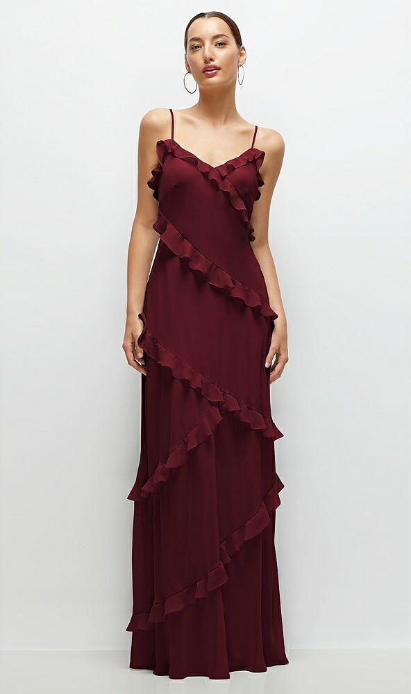 Front View - Cabernet Asymmetrical Ruffle Chiffon Bias Slip Maxi Dress