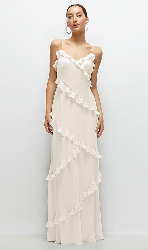 Front View - Ivory Asymmetrical Ruffle Chiffon Bias Slip Maxi Dress