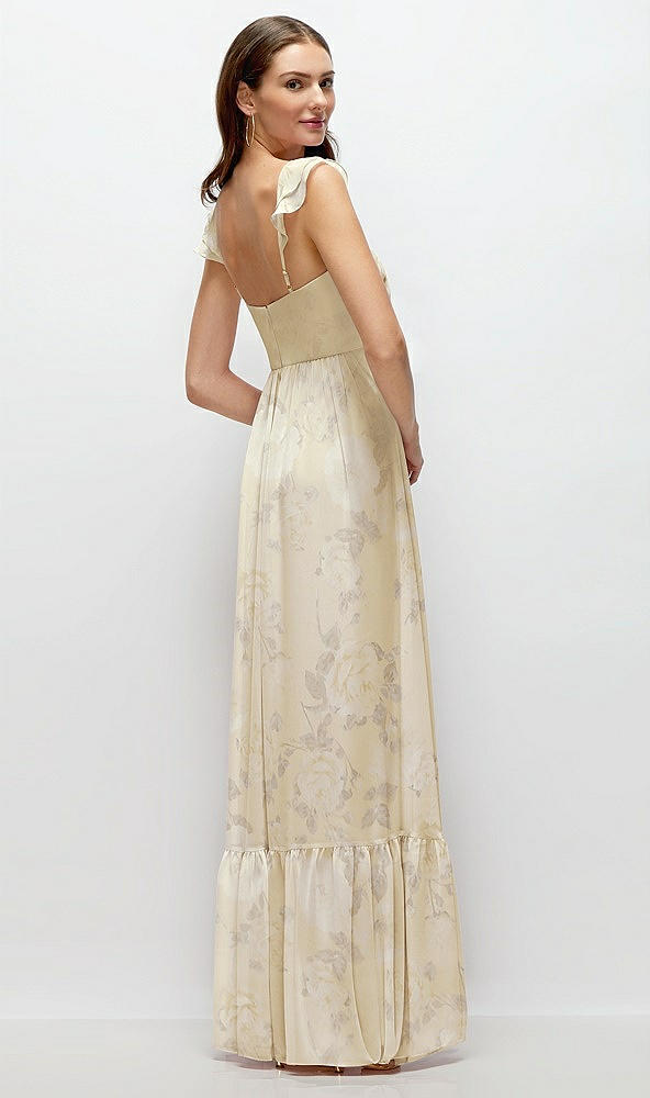 Back View - Butter Yellow Floral Ruffle Strap Chiffon Bustier Maxi Dress with Ruffle Hem A-Line Skirt
